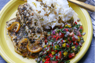 Tilapia w/ Lemon Herb Butter Sauce, Mashed Potatoes, and Salsa Salad