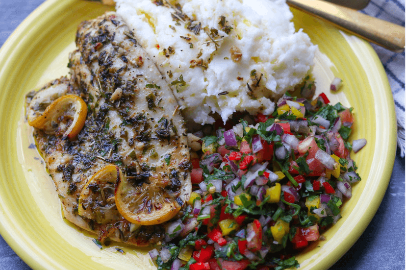 Tilapia w/ Lemon Herb Butter Sauce, Mashed Potatoes, and Salsa Salad