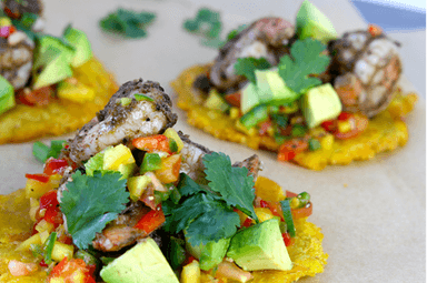 Jerk Shrimp Plantain Tostones with Mango Salsa