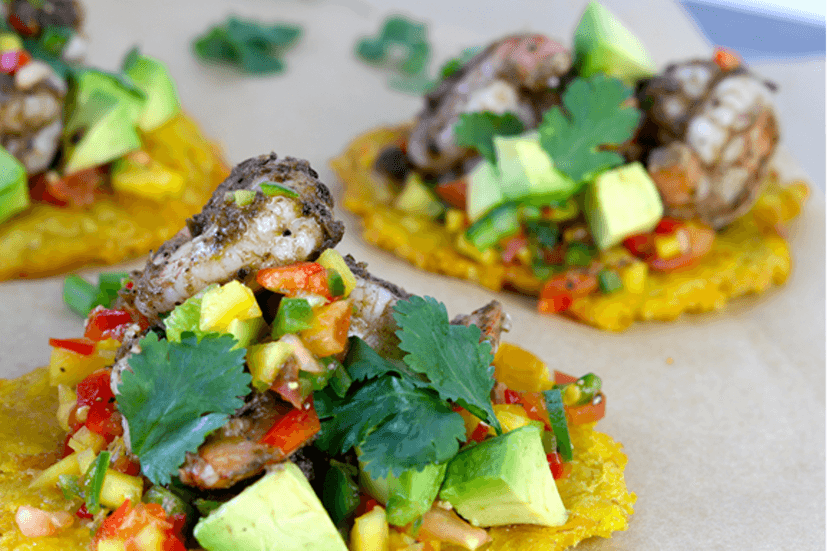 Jerk Shrimp Plantain Tostones with Mango Salsa