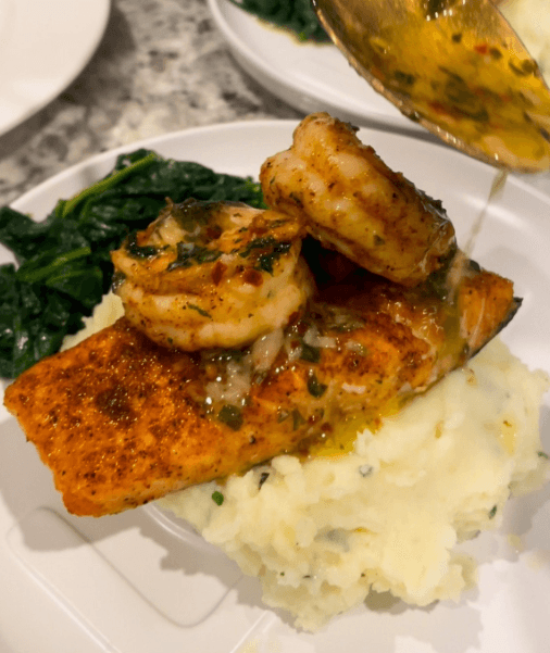 Date Night Blackened Salmon & Shrimp with Creamy Garlic Herb Mashed Potatoes & Buttered Spinach