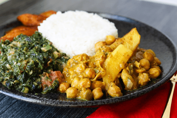 Sautéed Spinach + Kale with Curry Chickpeas And Potatoes